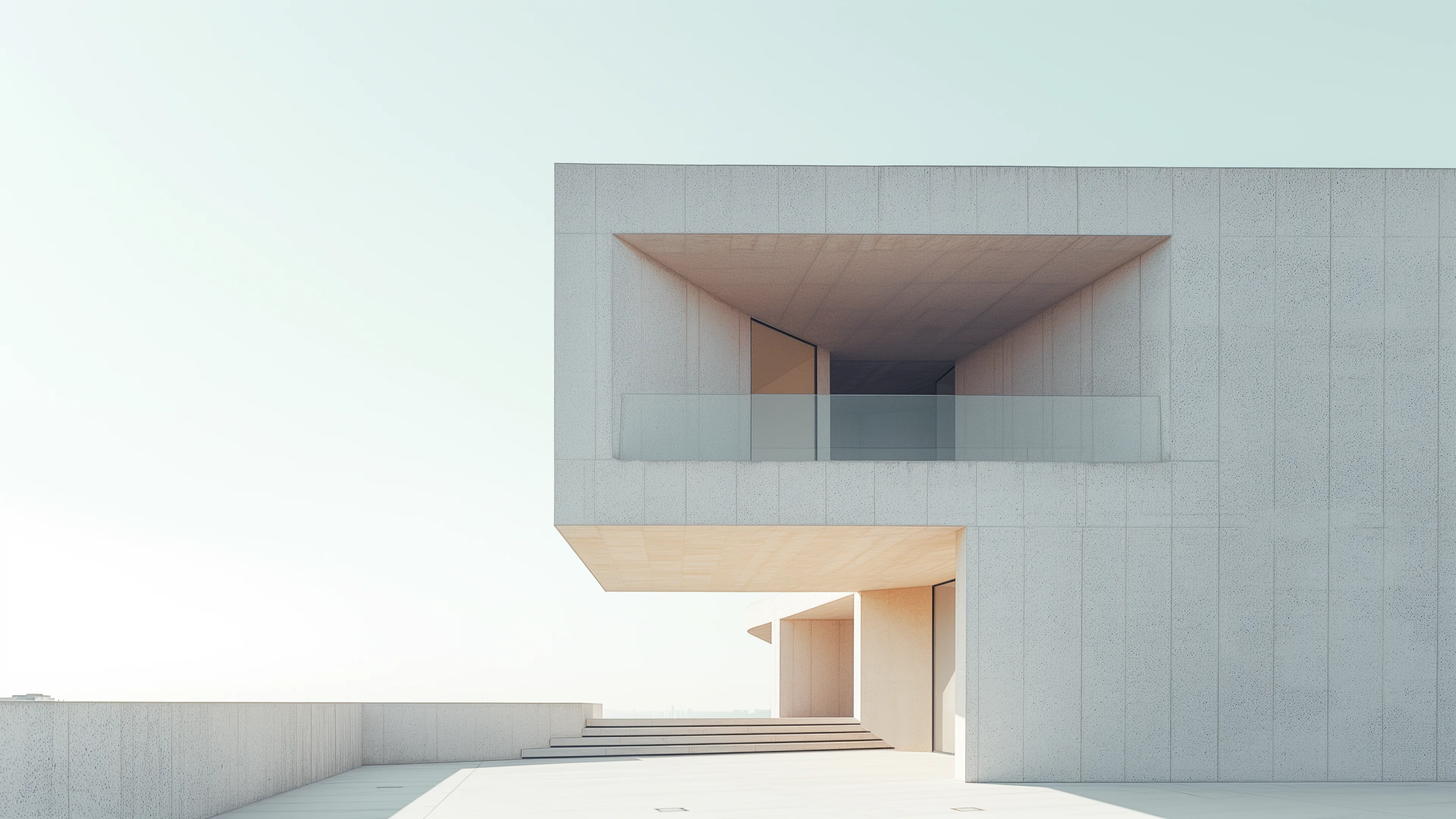 A grey architecture modern building with contemporary design style in a white sky blue sunrise background.