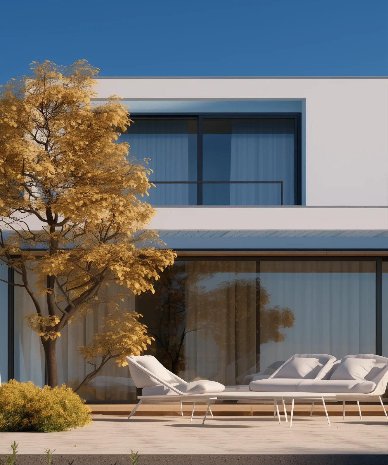 A contemporary house with a towering tree in the foreground.