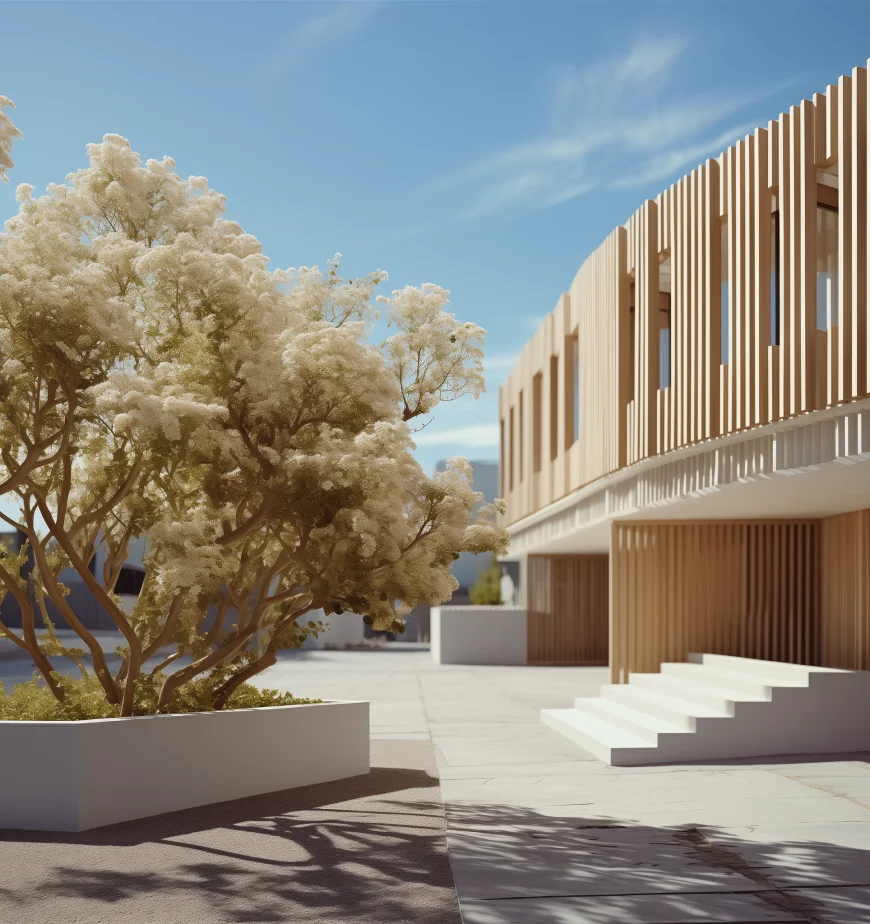 A contemporary building with a tree in the foreground.